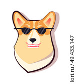 Dog emoticon puppy wearing black glasses and looking cool, pet with opened mouth with teeth and fangs, vector illustration isolated on white. Dog Emoticon Puppy and Glasses Vector Illustration. Стоковая иллюстрация, агентство Ingram Publishing / Фотобанк Лори