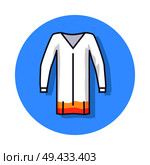 Circle icon depicting beachwear item. Vector illustration of white unisex beach tunic with orange bottom edge isolated on light blue background. Circle Icon Depicting Unisex Beach Tunic. Стоковая иллюстрация, агентство Ingram Publishing / Фотобанк Лори