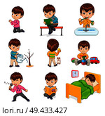 Little boy does daily routine actions. Kid plays with toys and tablet, waters plant, brushes teeth, reads book and sleeps in bed vector illustrations.. Boy Does Daily Routine Actions Illustrations Set. Стоковая иллюстрация, агентство Ingram Publishing / Фотобанк Лори