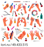 Nail service collection, poster with hands, and painted fingernails, bottles with gel, and polish, files and tubes with oils, vector illustration. Nail Service Collection Poster Vector Illustration. Стоковая иллюстрация, агентство Ingram Publishing / Фотобанк Лори