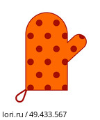 Oven-glove orange color potholder with red dots and loop for hanging it vector isolated on white. Quilted or thick fabric for handling hot dishes. Oven-Glove Orange Color Potholder with Red Dots. Стоковая иллюстрация, агентство Ingram Publishing / Фотобанк Лори