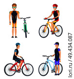 Bicyclist smiling, poster collection with men wearing uniform and riding bikes, happy emotions and motion, vector illustration, isolated on white. Bicyclist Smiling Poster Set Vector Illustration. Стоковая иллюстрация, агентство Ingram Publishing / Фотобанк Лори