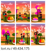 Six cards of loving couples at flowering spring park vector illustration. Young people with ice cream, red gift with hearts, ruddy rose.. Six Cards of Loving Couples at Flowering Spring. Стоковая иллюстрация, агентство Ingram Publishing / Фотобанк Лори