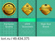 High End brand 100 guarantee exclusive premium quality best golden labels sticker awards, vector certificates posters isolated on color backgrounds. High End Brand Guarantee Exclusive Premium Labels. Стоковая иллюстрация, агентство Ingram Publishing / Фотобанк Лори
