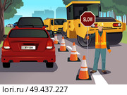 A vector illustration of a flagger working on road construction. Стоковая иллюстрация, агентство Ingram Publishing / Фотобанк Лори