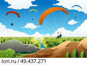 A vector illustration of people paragliding with a beautiful view under. Стоковая иллюстрация, агентство Ingram Publishing / Фотобанк Лори