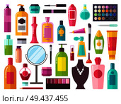 Make up collection of items including, perfumes and mirror, sprays and gels, brushes and mascara, vector illustration isolated on white background. Make Up Collection of Items Vector Illustration. Стоковая иллюстрация, агентство Ingram Publishing / Фотобанк Лори