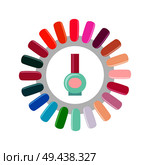 Nail polish and service, poster with collection of plastic objects and bottle made of glass with shellac, vector illustration, isolated on white. Nail Polish and Service Poster Vector Illustration. Стоковая иллюстрация, агентство Ingram Publishing / Фотобанк Лори
