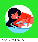 Mother lies on bed and feeds her newborn baby wrapped in blanket with breast isolated cartoon vector illustration inside circle on green background.. Mother Lies and Feeds Her Newborn Baby with Breast. Стоковая иллюстрация, агентство Ingram Publishing / Фотобанк Лори