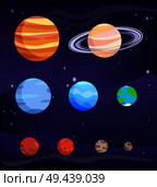 Planet set of celestial bodies, poster with Jupiter and Earth, Venus and Mercury, Pluto and Mars, vector illustration with stars isolated on blue. Planet Set of Bodies Poster Vector Illustration. Стоковая иллюстрация, агентство Ingram Publishing / Фотобанк Лори