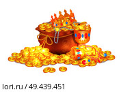 Old sack full of shiny royal gold and gemstones. Luxurious crown, fancy goblet, pearl beads and ancient coins isolated cartoon vector illustration.. Old Sack Full of Shiny Royal Gold and Gemstones. Стоковая иллюстрация, агентство Ingram Publishing / Фотобанк Лори