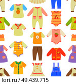 Baby clothes poster with seamless pattern consisting of jumpers and dresses, t-shirts and pants, baby clothes vector illustration isolated on white. Baby Clothes Poster Pattern Vector Illustration. Стоковая иллюстрация, агентство Ingram Publishing / Фотобанк Лори