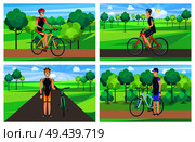 Cyclists and sunny day posters collection, sunshine with clouds on sky, bicyclist and bike, road and greenery, set isolated on vector illustration. Cyclists and Sunny Day Posters Vector Illustration. Стоковая иллюстрация, агентство Ingram Publishing / Фотобанк Лори