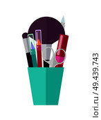 Makeup tools and applicators in bright plastic cup. Thick brushes, bright eyeliners, manicure scissors and red mascara cartoon vector illustration.. Makeup Tools and Applicators in Bright Plastic Cup. Стоковая иллюстрация, агентство Ingram Publishing / Фотобанк Лори