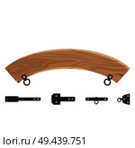 Wooden board and fasteners collection, signboard made of wood of curved shape, rings and metal equipments vector illustration isolated on white. Wooden Board and Fastener Set Vector Illustration. Стоковая иллюстрация, агентство Ingram Publishing / Фотобанк Лори