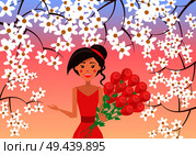 Cheerful woman in red dress and elegant hairstyle with armful of roses on background with blooming branches vector illustration.. Elegant Woman with Big Bunch of Roses Illustration. Стоковая иллюстрация, агентство Ingram Publishing / Фотобанк Лори