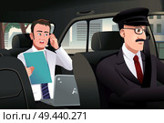 A vector illustration of businessman talking on the phone sitting in a car driven by a chauffeur. Стоковая иллюстрация, агентство Ingram Publishing / Фотобанк Лори