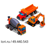Building technique set, color vector illustration, two trucks and one crawler, special building machines collection, concrete mixer, cargo vehicle. Building Technigue Set, Color Vector Illustration. Стоковая иллюстрация, агентство Ingram Publishing / Фотобанк Лори