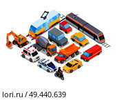 Transport collection poster with transports, cars and tram, train and bulldozer, urban elements, vector illustration isolated on white background. Transport Collection Poster Vector Illustration. Стоковая иллюстрация, агентство Ingram Publishing / Фотобанк Лори