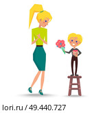 Little son stands on stool, holds bouquet and box with bow and greets his mother with Womens Day. Family members vector illustration.. Son Greets Mother with Womens Day Illustration. Стоковая иллюстрация, агентство Ingram Publishing / Фотобанк Лори