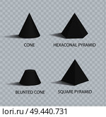 Cones and pyramids set, black prisms, color banner isolated on transparent backdrop, hexagonal and square pyramids, blunted cone vector illustration. Cones and Pyramids Set, Black Prisms, Color Banner. Стоковая иллюстрация, агентство Ingram Publishing / Фотобанк Лори