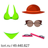 Swimming suit, and items set, summer mode collection, hat and sunglasses, flip-flops summer mode clothing, vector illustration, isolated on white. Swimming Suit and Items Set Vector Illustration. Стоковая иллюстрация, агентство Ingram Publishing / Фотобанк Лори