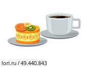 Bright banner with cup of espresso and tasty pie vector illustration with cute pastry, lot of varied fresh fruit on cake, small white bowl, two plates. Bright Banner with Cup of Espresso and Tasty Pie. Стоковая иллюстрация, агентство Ingram Publishing / Фотобанк Лори