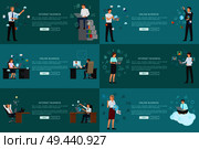Internet online business set of cards, vector illustrations with business ladies and men working with stack of technologies, abstract icons circle. Internet Online Business Set of Colorful Cards. Стоковая иллюстрация, агентство Ingram Publishing / Фотобанк Лори