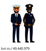 People professions vector characters. Captain with binoculars and patrol policeman cartoon personages isolated on white background. Occupations flat illustration for labor day, job concepts. Professions People Cartoon Vector Characters. Стоковая иллюстрация, агентство Ingram Publishing / Фотобанк Лори