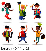 Excited Pupils Girls and Boys Jumping flat design on white background with shadow. Teenagers hovering in air with school bags and holding textbooks in one hand. Vector illustration of bouncing people.. Excited Pupils Girls and Boys Jumping Flat Design. Стоковая иллюстрация, агентство Ingram Publishing / Фотобанк Лори