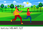 Mother and daughter jogging in park filled with lush trees vector illustration. Morning jogger enjoying run at gentle pace amidst beautiful nature. Mother and Daughter Jogging in Park Illustration. Стоковая иллюстрация, агентство Ingram Publishing / Фотобанк Лори