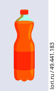 Bottle with fizzy beverage, plastic container with sweet liquid, cap and label of orange color, supermarket product isolated on vector illustration. Bottle with Fzzy Beverage Vector Illustration. Стоковая иллюстрация, агентство Ingram Publishing / Фотобанк Лори
