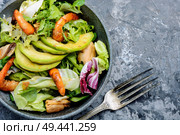 Mix of salad with shrimps,mussel and avocado. Fresh salad with prawns. Стоковое фото, агентство Ingram Publishing / Фотобанк Лори