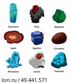 Aquamarine ruby malachite agate sapphire carnelian rhinestone garnet turquoise precious gemstones set isolated on white vector. Crystals minerals gems. Aquamarine Ruby Malachite Agate Sapphire Carnelian. Стоковая иллюстрация, агентство Ingram Publishing / Фотобанк Лори