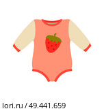 Baby suit, clothes and romper of pink color, with image of strawberry in centerpiece, childrens mode and fashion, isolated on vector illustration. Baby Suit Clothes and Romper Vector Illustration. Стоковая иллюстрация, агентство Ingram Publishing / Фотобанк Лори