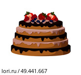 Tasty cake with sweet glaze between soft biscuit corns decorated with ripe strawberries, sour blackberries and sweet raspberries vector illustration.. Tasty Cake with Sweet Liquid Glaze Between Corns. Стоковая иллюстрация, агентство Ingram Publishing / Фотобанк Лори