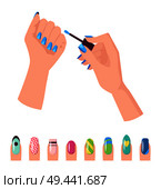 Hands and nail polish, banner with template fingernails and brush in process of making manicure, samples below vector illustration isolated on white. Hands and Nail Polish Banner Vector Illustration. Стоковая иллюстрация, агентство Ingram Publishing / Фотобанк Лори
