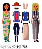 Women and clothing set, banner and ladies with summer mode collection, dress and skirt, hat and bracelet with jacket isolated on vector illustration. Women and Clothing Set Vector Banner Illustration. Стоковая иллюстрация, агентство Ingram Publishing / Фотобанк Лори