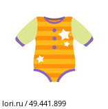 Baby clothes, poster with romper suit fo kids, clothing with stripes and stars, fashion for children, vector illustration isolated on white background. Baby Clothes Romper Suit, Vector Illustration. Стоковая иллюстрация, агентство Ingram Publishing / Фотобанк Лори