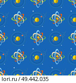 Seamless pattern with solar system and planets rotating around sun. Scheme of astronomical objects in universe vector illustration.. Seamless Pattern Solar System and Planets Rotating. Стоковая иллюстрация, агентство Ingram Publishing / Фотобанк Лори