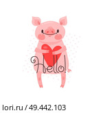 Greeting card with cute piglet. Sweet pig says hello. Vector illustration.. Greeting card with cute piglet. Sweet pig says hello. Vector illustration. Стоковая иллюстрация, агентство Ingram Publishing / Фотобанк Лори