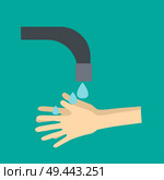 Hands under falling water out of tap. Man washes hands, hygiene, water preservation. Vector illustration in flat style. Стоковая иллюстрация, агентство Ingram Publishing / Фотобанк Лори