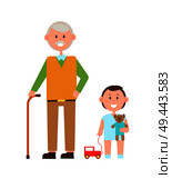 Grandfather with grey hair holding stick and smiling and grandson with teddy bear and car, banner with generations, isolated on vector illustration. Grandfather Grandson Banner Vector Illustration. Стоковая иллюстрация, агентство Ingram Publishing / Фотобанк Лори