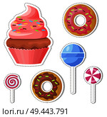 Cartoon sweets stickers or icons set. Colorful lollipop candy on stick and glazed donuts flat vector isolated on white background. Cupcake with sprinkles on cream outlined illustration. Cartoon Sweets Vector Stickers or Icons Set. Стоковая иллюстрация, агентство Ingram Publishing / Фотобанк Лори