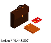 Red credit card, leather wallet and brown business briefcase isometric projection vectors isolated on white background. Businessman accessories 3d illustrations for business and financial concepts. Credit Card, Wallet and Briefcase Isometric Vector. Стоковая иллюстрация, агентство Ingram Publishing / Фотобанк Лори