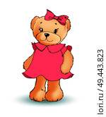 Modest female teddy bear wearing pink dress and bow on its head, shy fluffy toy, poster and image vector illustration isolated on white background. Modest Female Teddy Bear, Vector Illustration. Стоковая иллюстрация, агентство Ingram Publishing / Фотобанк Лори