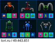 Modern multifunctional robots with detectors and control panels. Industrial robots helpers with powerful antennas isolated vector illustrations set.. Modern Multifunctional Robots with Detectors Set. Стоковая иллюстрация, агентство Ingram Publishing / Фотобанк Лори