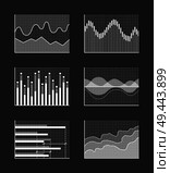 Charts with business information, colorless charts collection with graphs, waves and interface, data representation vector illustration isolated on black. Charts with Business Information, Colorless Set. Стоковая иллюстрация, агентство Ingram Publishing / Фотобанк Лори