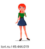 Worried young woman illustration. Beautiful redhead girl in blouse and skirt standing with surprised face expression flat vector isolated on white background. Confused female cartoon character. Worried Young Woman Cartoon Flat Vector Character. Стоковая иллюстрация, агентство Ingram Publishing / Фотобанк Лори
