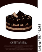 Delicious sweet cake with white and dark chocolate layers with small bars on top. Tasty sweet bakery confectionery product isolated cartoon vector illustration.. Delicious Sweet Cake of White and Dark Chocolate. Стоковая иллюстрация, агентство Ingram Publishing / Фотобанк Лори